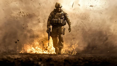 Soldier in combat gear advancing through explosion clouds.