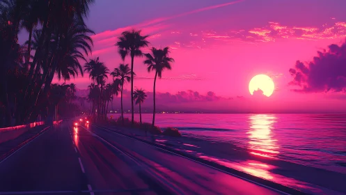 Neon sunset highway lines reflect across tropical shoreline.