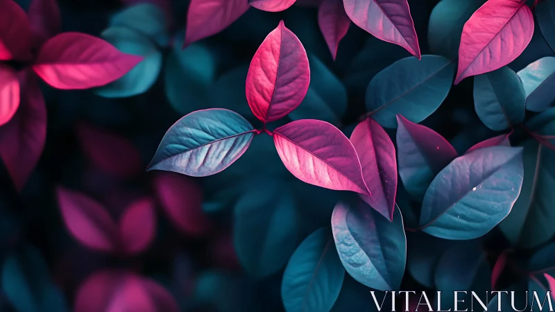 Bicolor macro foliage with cyan-magenta cinematic color grading