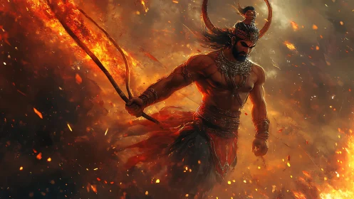 Warrior with flaming whip stands in burning battlefield smoke