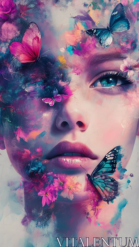Surreal female portrait merges with butterflies and flowers