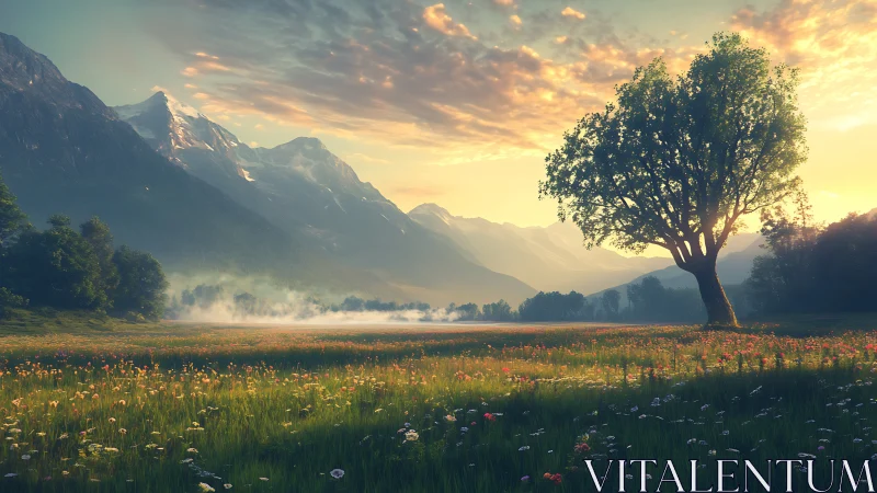 Solitary tree over misted meadow beneath glowing mountains.