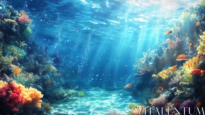 Sunlit digital coral reef scene with diverse marine life.