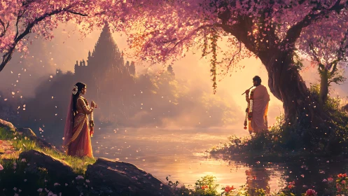 Divine lovers meet beneath blooming riverside blossoms