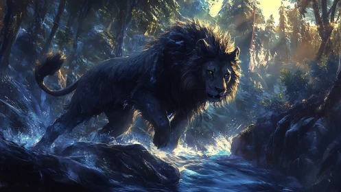 Digital lion strides through forest stream under mixed lighting