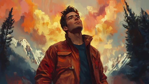 Man in orange jacket before mountains and vivid sky.