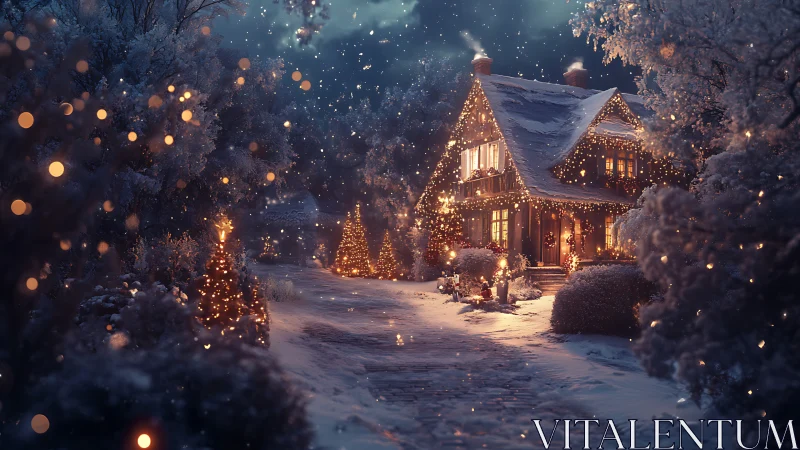 Snow-covered cottage glows with festive bokeh lighting at dusk