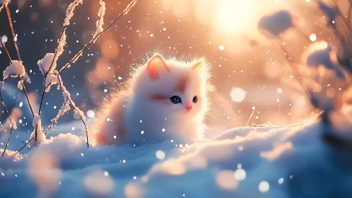 Snowy White Kitten Discovers Winter Wonder and Joy.