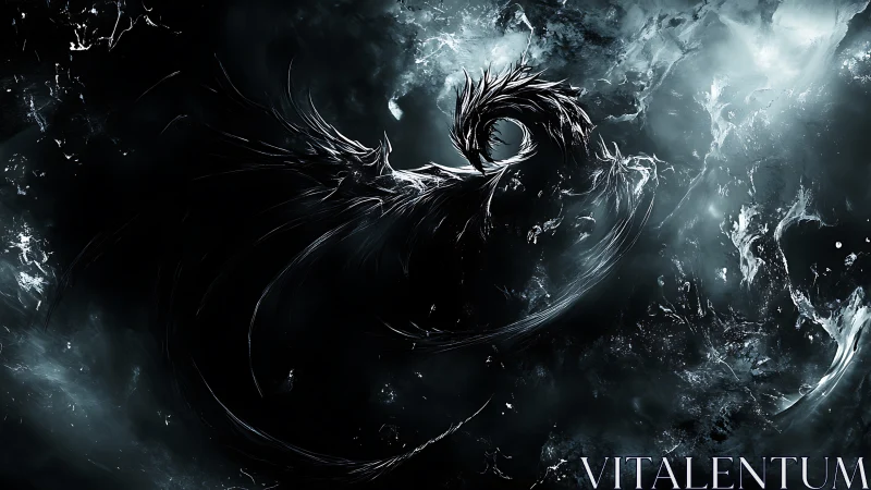 Dark abstract dragon form swirling in stormy void.