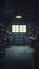 Organized workshop interior with tool chest and benches.