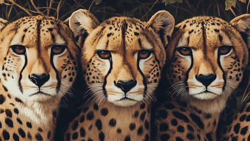 Three Cheetahs Gaze Intensely Against a Dark Atmospheric Background