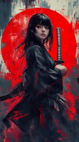 Samurai swordswoman before scarlet sun in abstract ink field