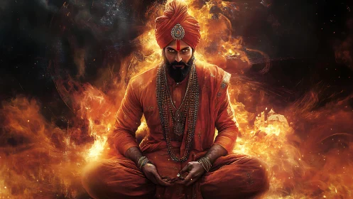 Fiery sage in meditation wrapped in glowing embers of power.