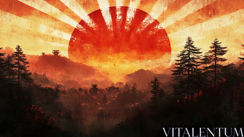 Radiant sunrise over misty pines and distant temple hills.