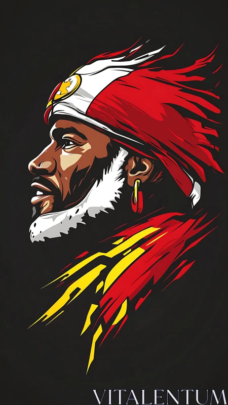 Bold vector profile of warrior in red feathered headdress.