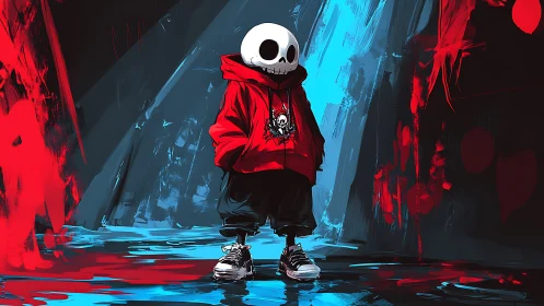 Hooded skeleton kid stands in neon alley with saturated contrast