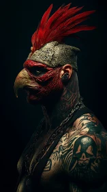 Rooster headed warrior in profile with dark tattoos.