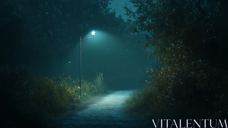 Moonlit forest path under single glowing streetlamp