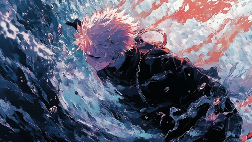 Masked anime diver slices through turbulent neon ocean.