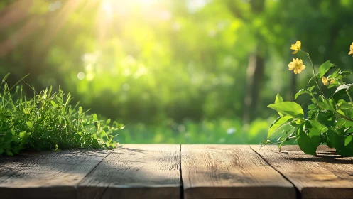 Wooden surface with grass and yellow flowers in sunlight.