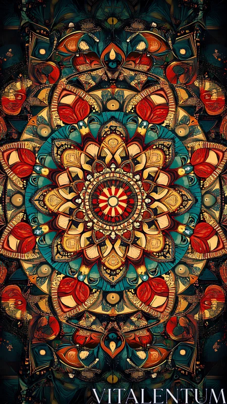 Intricate mandala glows in warm jewel tones for meditative focus