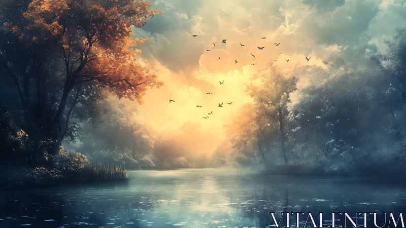 Sunlit forest lake with mist, silhouetted birds, and clouds.