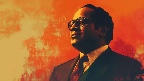 Portrait of suited man in glasses against vivid orange field