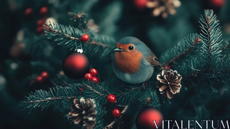 Festive robin resting among cozy Christmas tree branches.