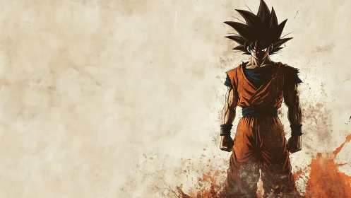 Silhouetted spiky haired warrior in orange gi on grunge field