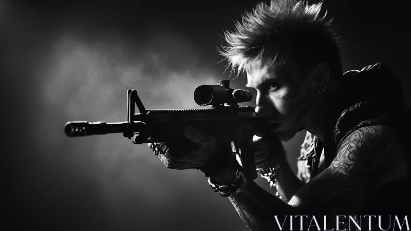 Edgy tattooed sharpshooter holds a rifle in dramatic light