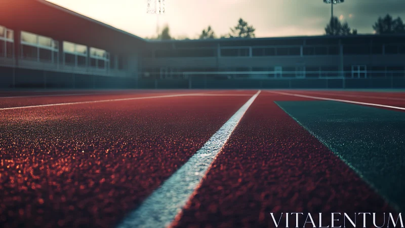 Low-angle stadium track surface captures granular texture at dusk