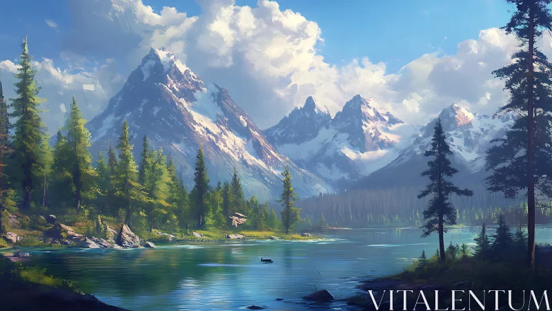 Snow-capped peaks overlook tranquil pine lake at sunrise.