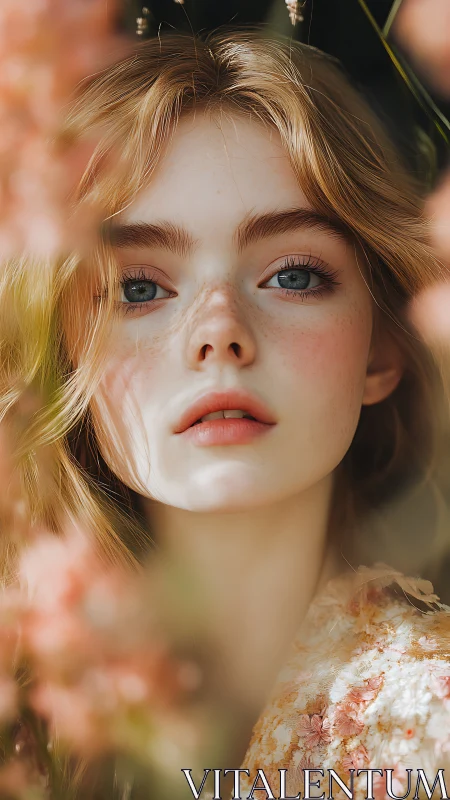 Close-up portrait of young woman framed by soft flowers.
