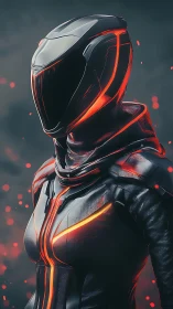 Luminous cyber rider in a sleek ember-lined exosuit.