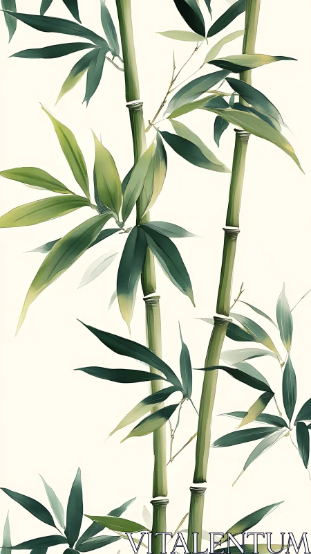 Vertical bamboo stalks with green leaves on pale backdrop.