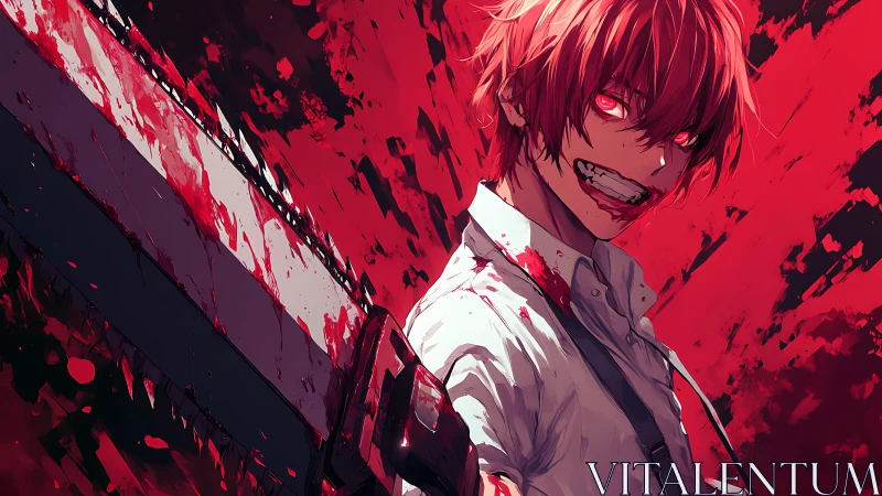Bloodstained anime boy holding oversized chainsaw blade