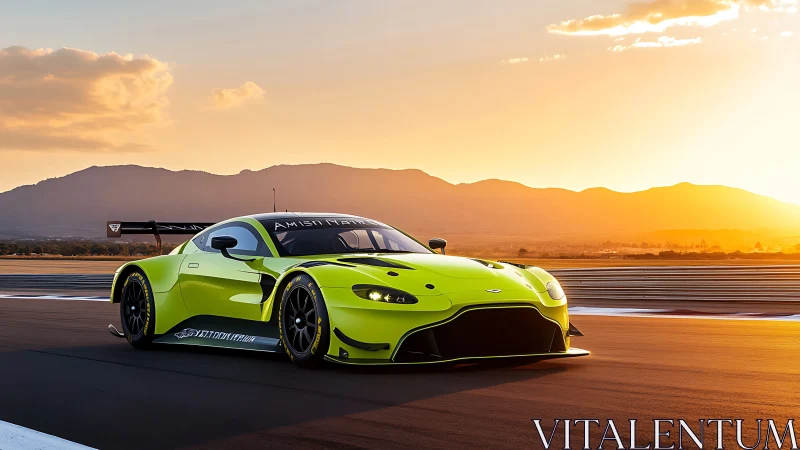 Lime green GT race car cuts across sunlit circuit at dusk