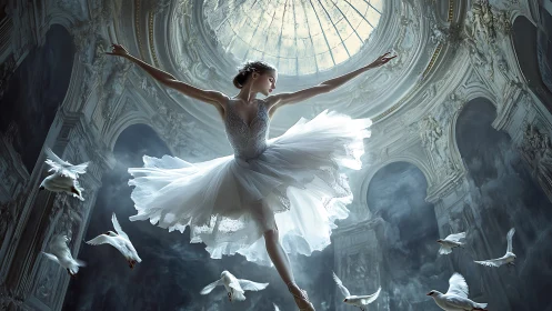Ballerina arcs skyward beneath luminous cathedral dome.