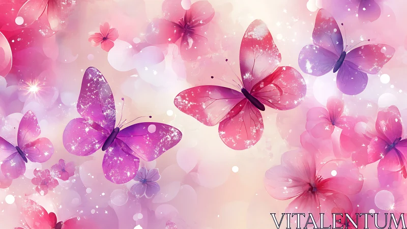 Glowing pink butterflies over dreamy floral pastel field.