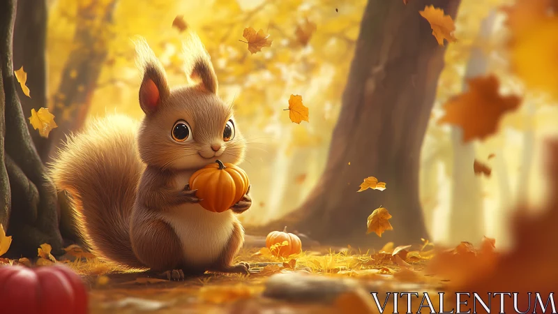 Cute squirrel holding tiny pumpkin in warm autumn forest.