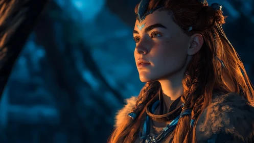 Embers of dawn crown a vigilant huntress in frosted silence