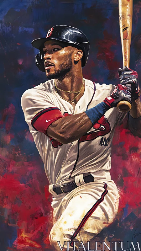 Power hitter swings bat across vivid abstract background.
