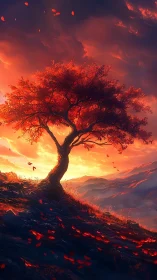Solitary crimson tree burns against vivid sunset sky