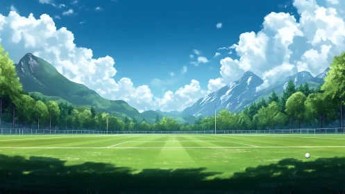 Sunlit mountain soccer field waiting for the next game.