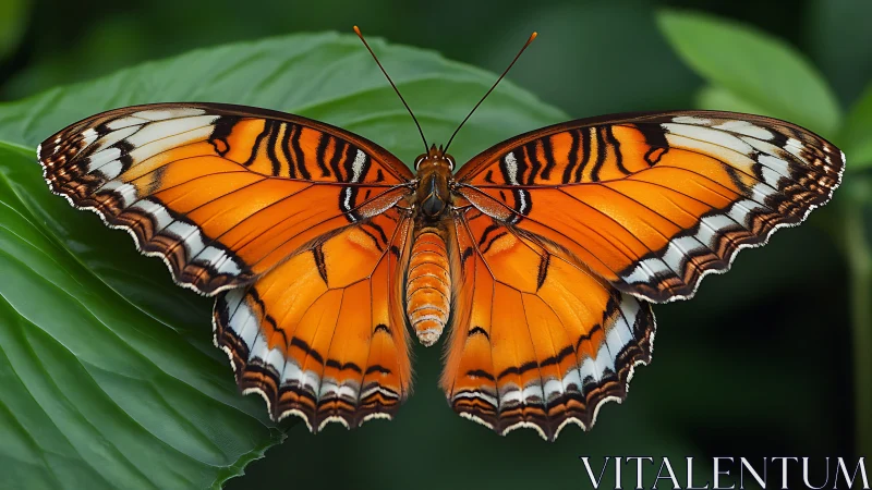 Orange lacewing butterfly spreads patterned wings on leaf