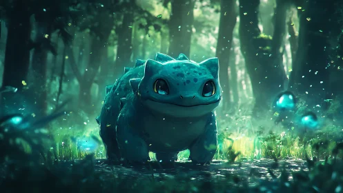 Blue creature explores glowing forest under soft light