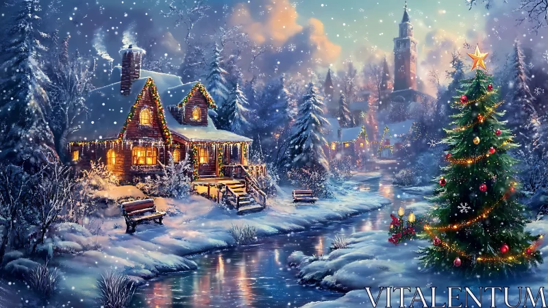 Snowy Christmas cottage glows beside a festive riverside tree