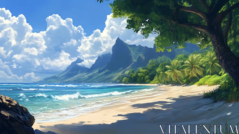 Tropical Beach with Volcanic Mountain Peak.