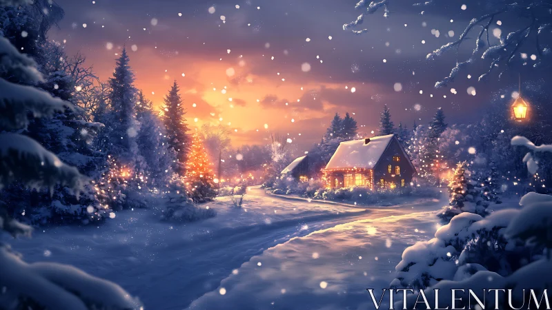 Snowlit cottage glows under dreamy winter twilight sky.
