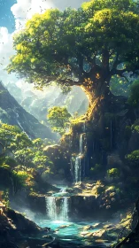 Fantasy arboreal sanctuary with cascading waterfalls composition.